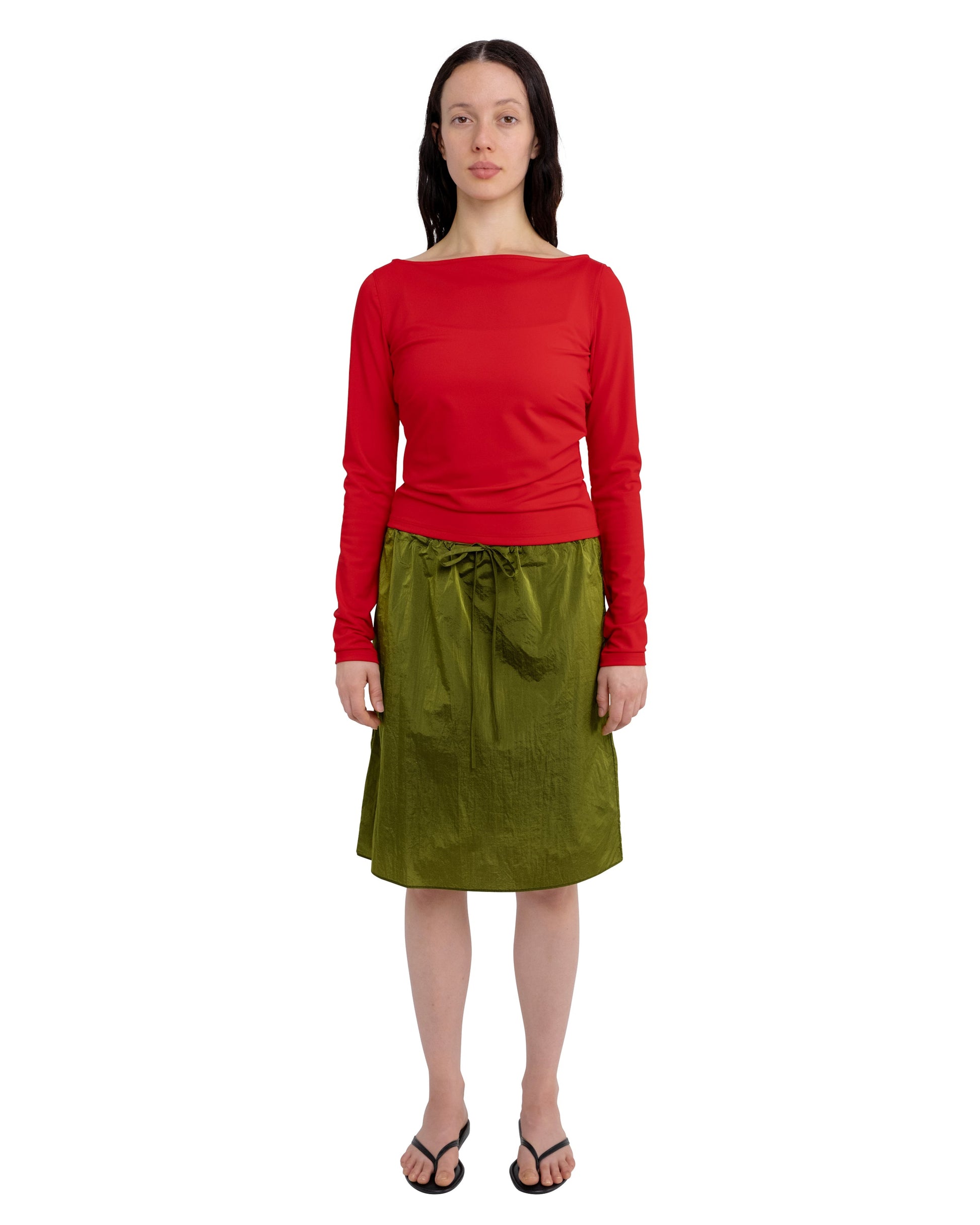 DRAWSTRING MIDI SKIRT IN OLIVE