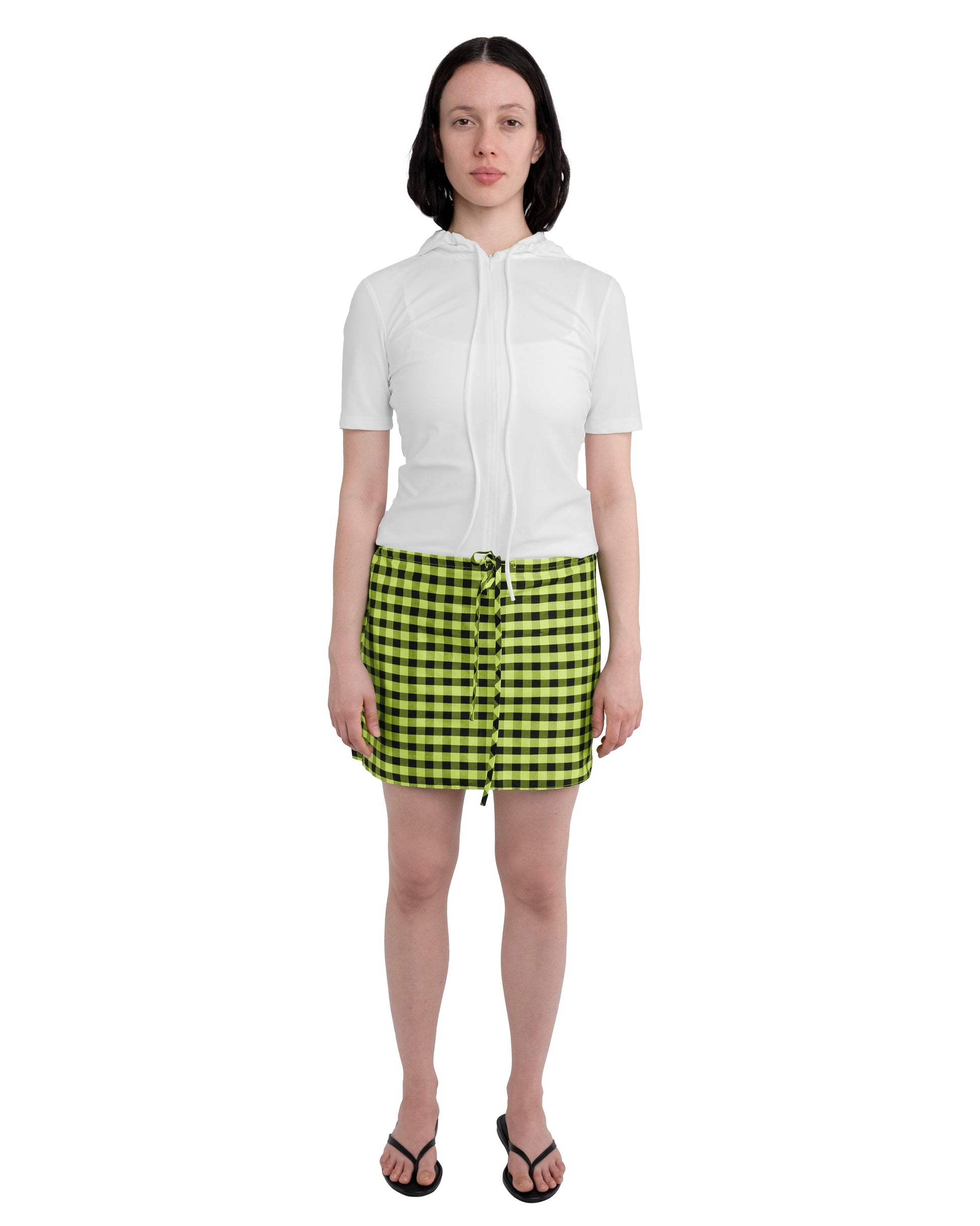 DRAWSTRING MINI SKIRT IN GINGHAM LIME