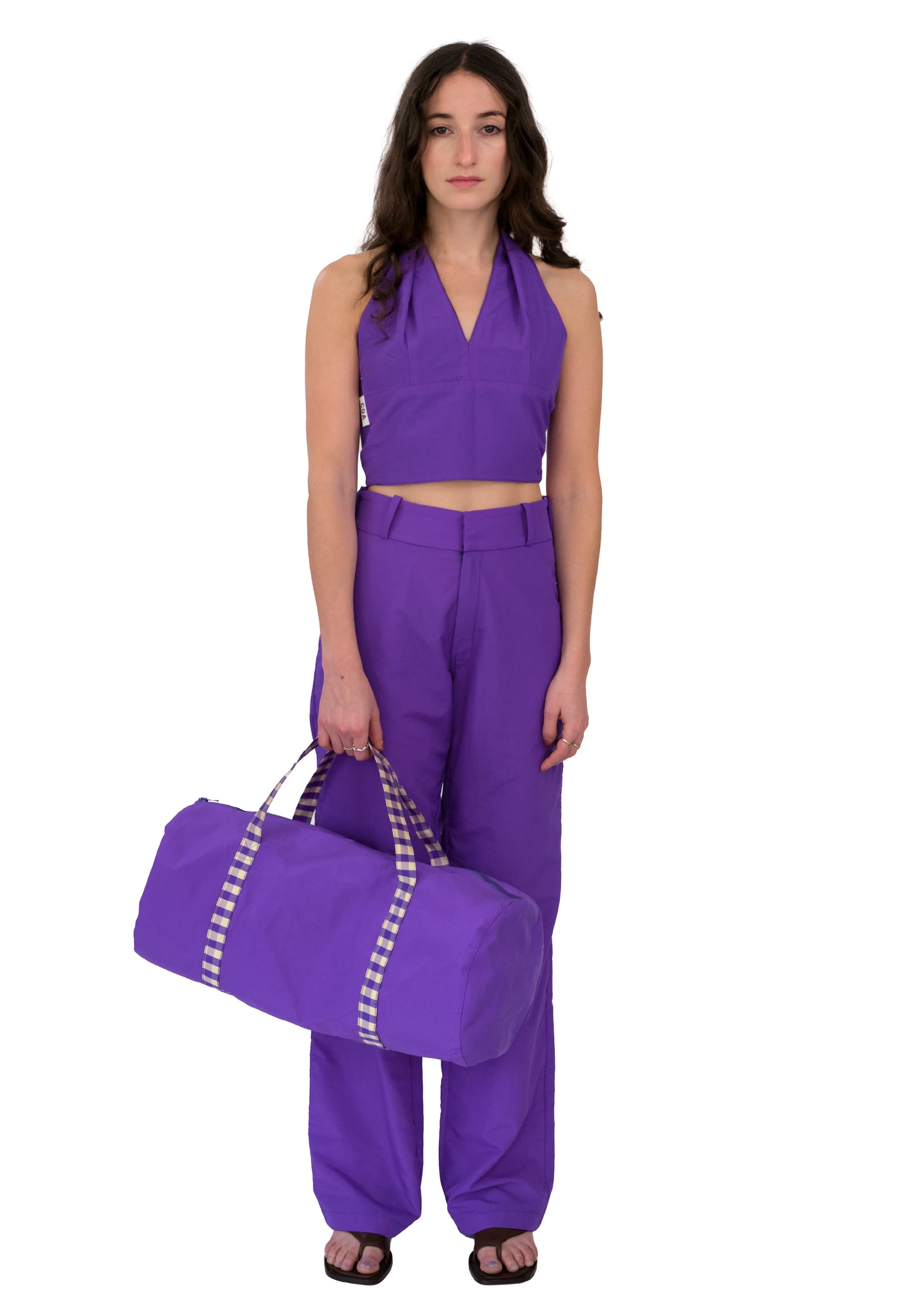 PURPLE IVORY GINGHAM GYM BAG
