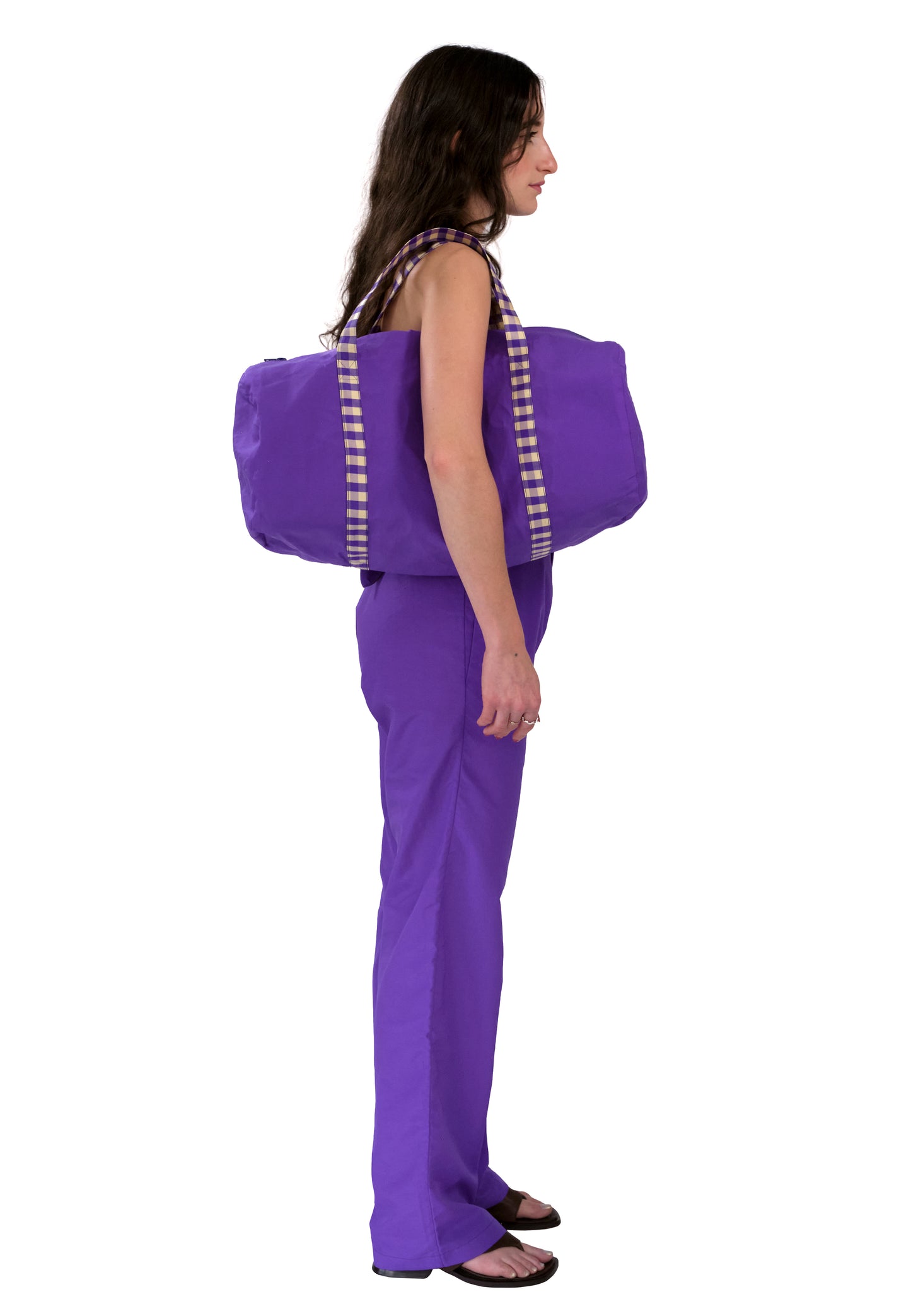 PURPLE IVORY GINGHAM GYM BAG