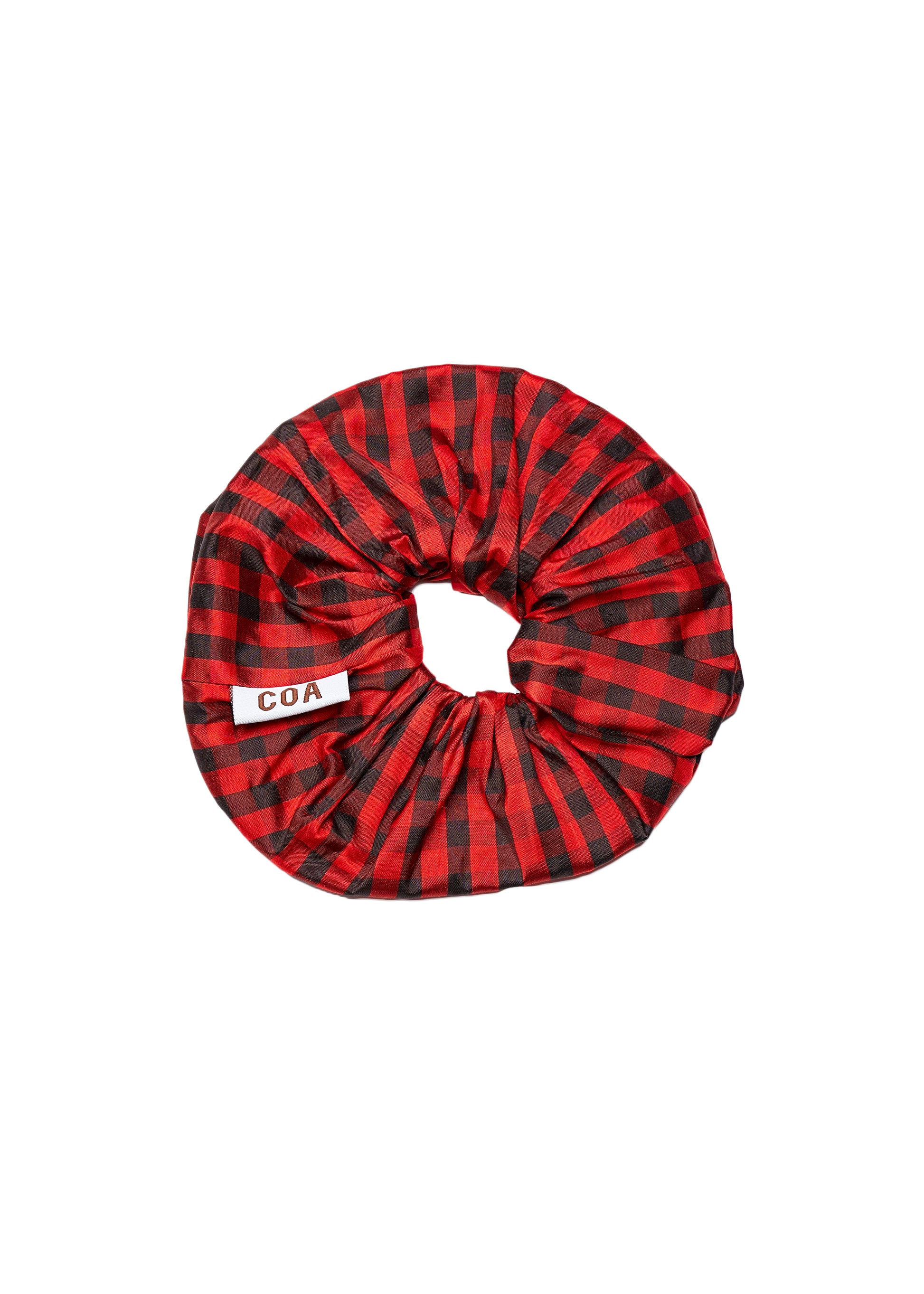 GINGHAM RED BROWN SILK SCRUNCHIE