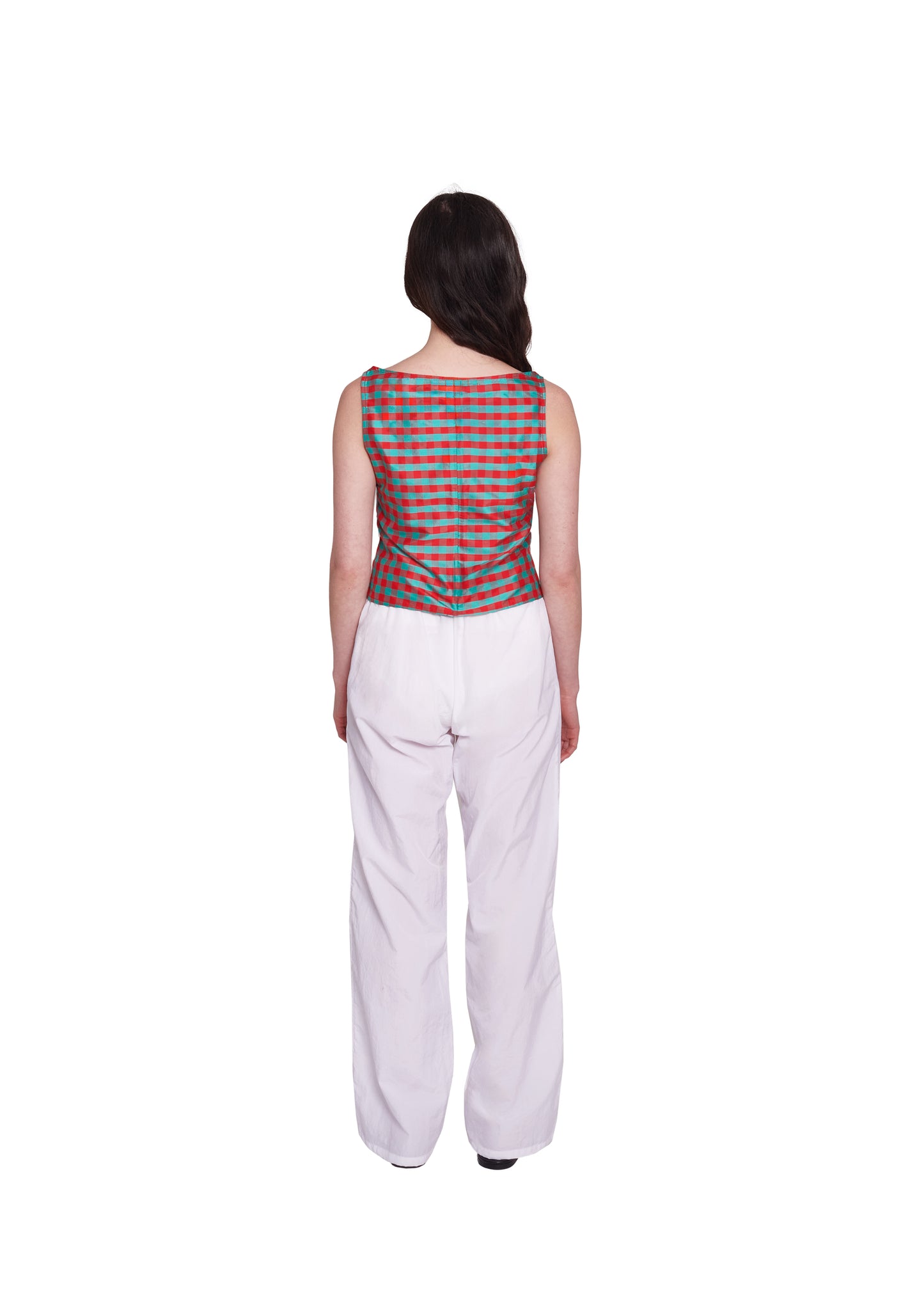 GINGHAM RED TURQUOISE BOAT NECK TOP | COA NYC