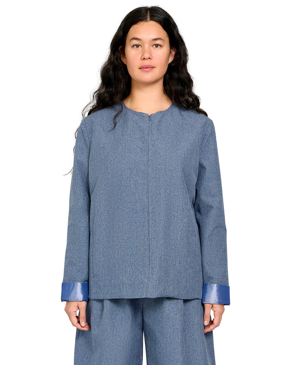 REVERSIBLE JACKET IN TECH DENIM AND BLUE SHIMMER