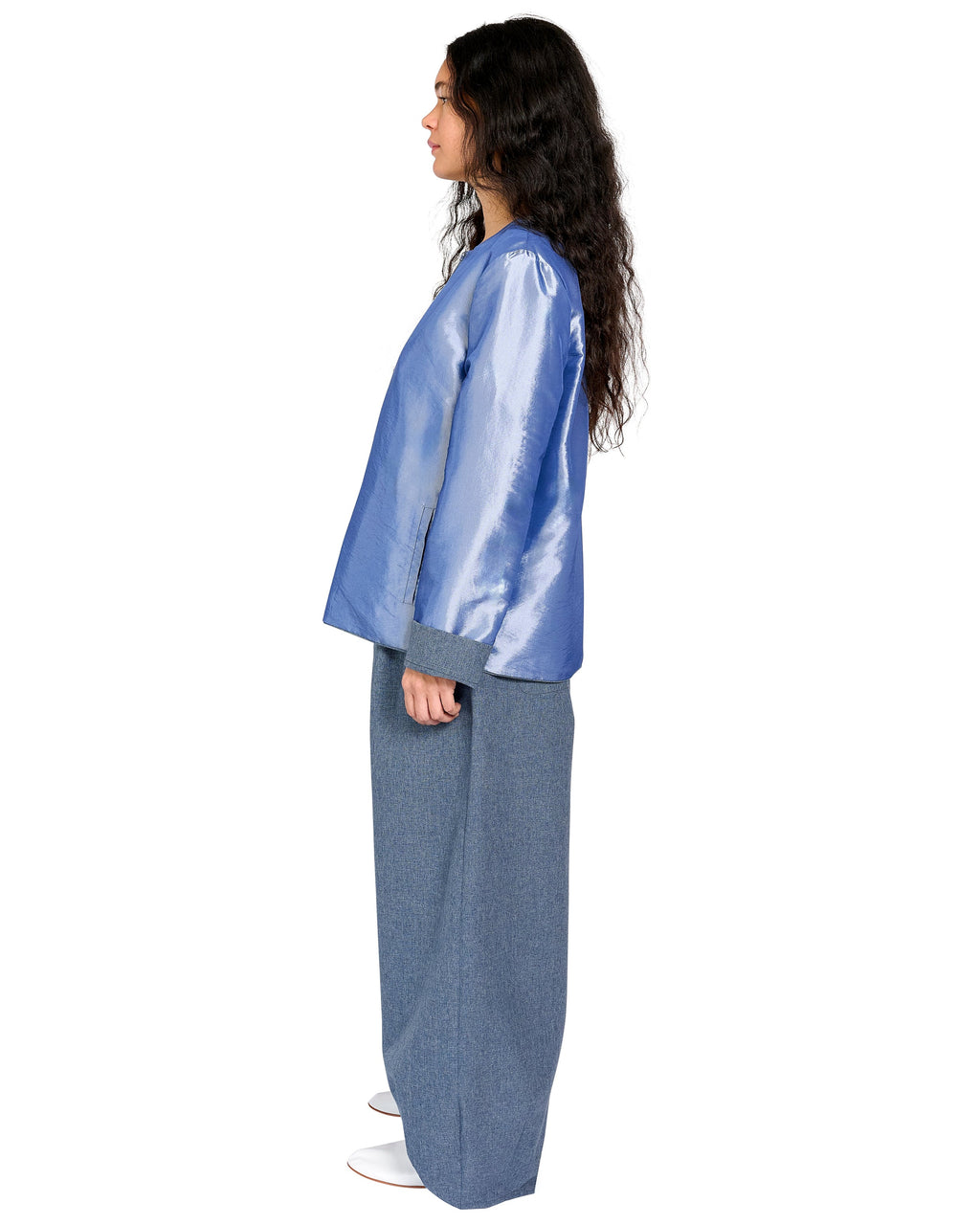 REVERSIBLE JACKET IN TECH DENIM AND BLUE SHIMMER