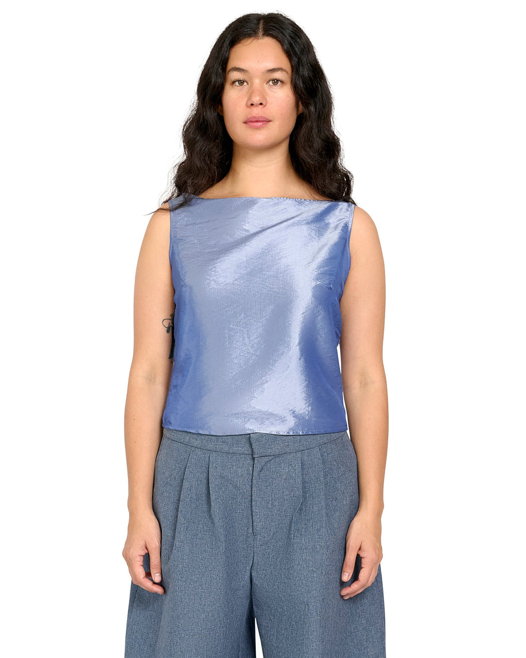 BOAT NECK TOP IN BLUE SHIMMER