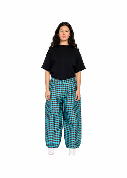 BIG PANT IN GINGHAM TURQUOISE BROWN