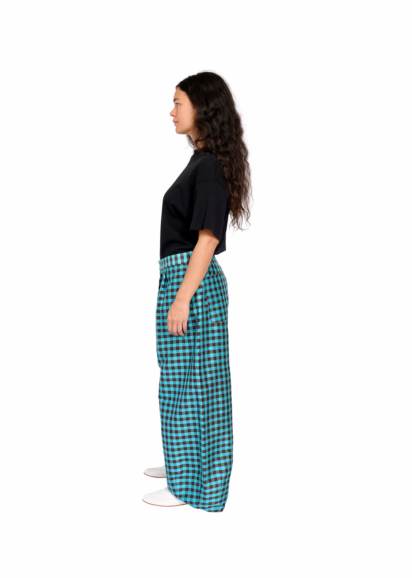 BIG PANT IN GINGHAM TURQUOISE BROWN