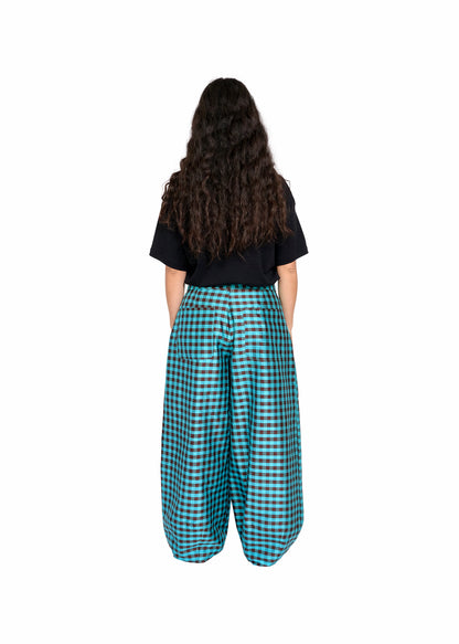 BIG PANT IN GINGHAM TURQUOISE BROWN