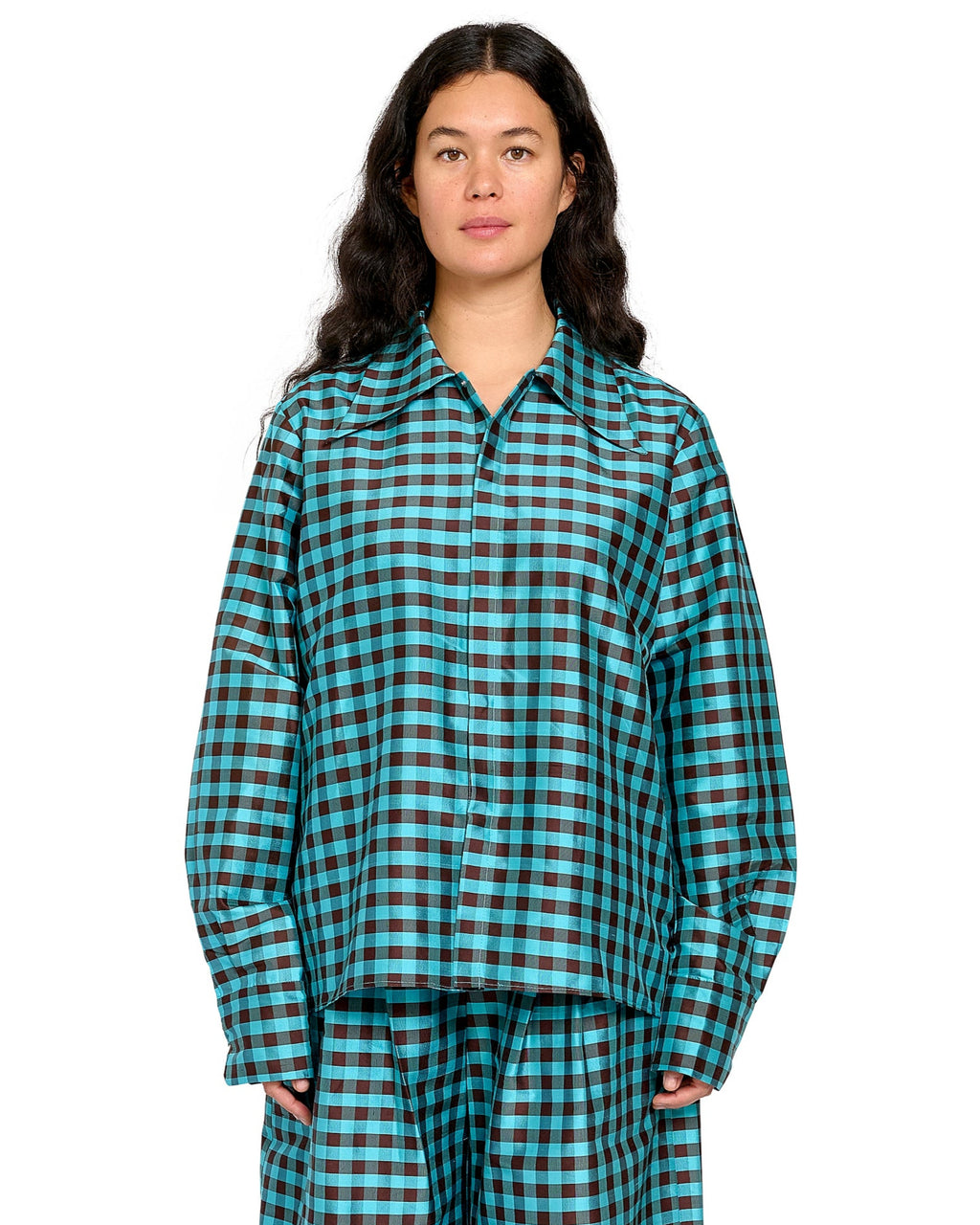 SNAP DOWN SHIRT IN GINGHAM TURQUOISE BROWN
