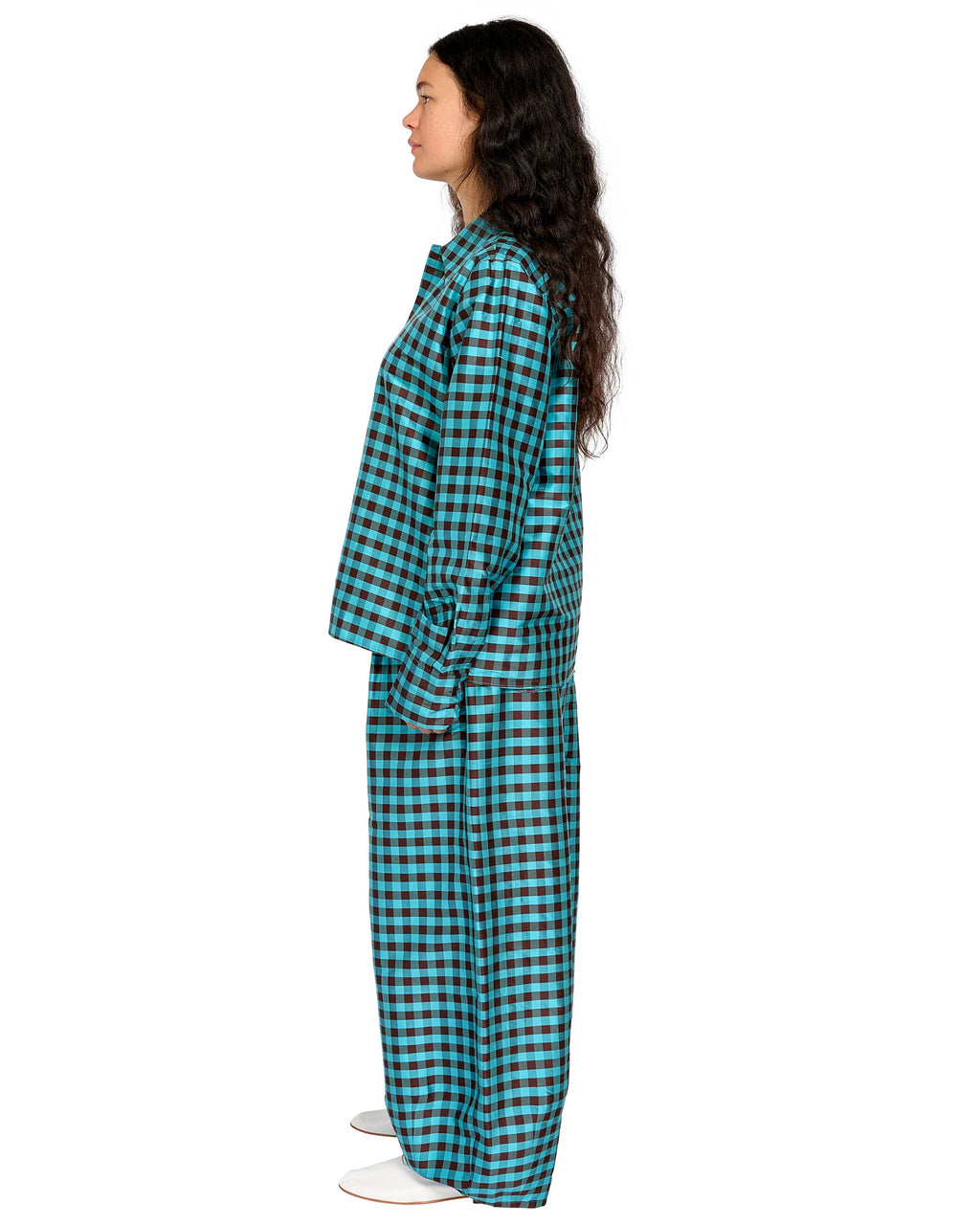 SNAP DOWN SHIRT IN GINGHAM TURQUOISE BROWN