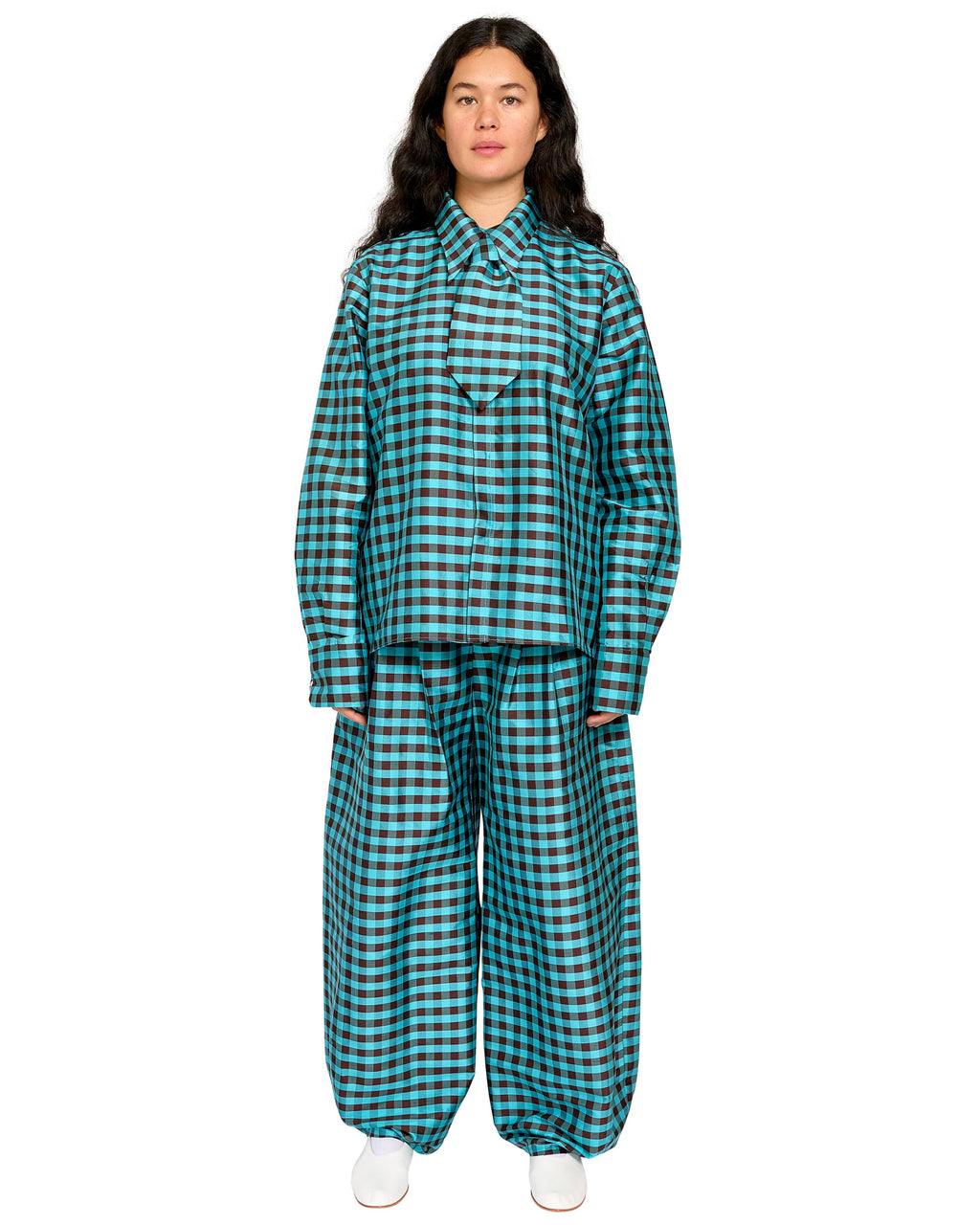 SNAP DOWN SHIRT IN GINGHAM TURQUOISE BROWN