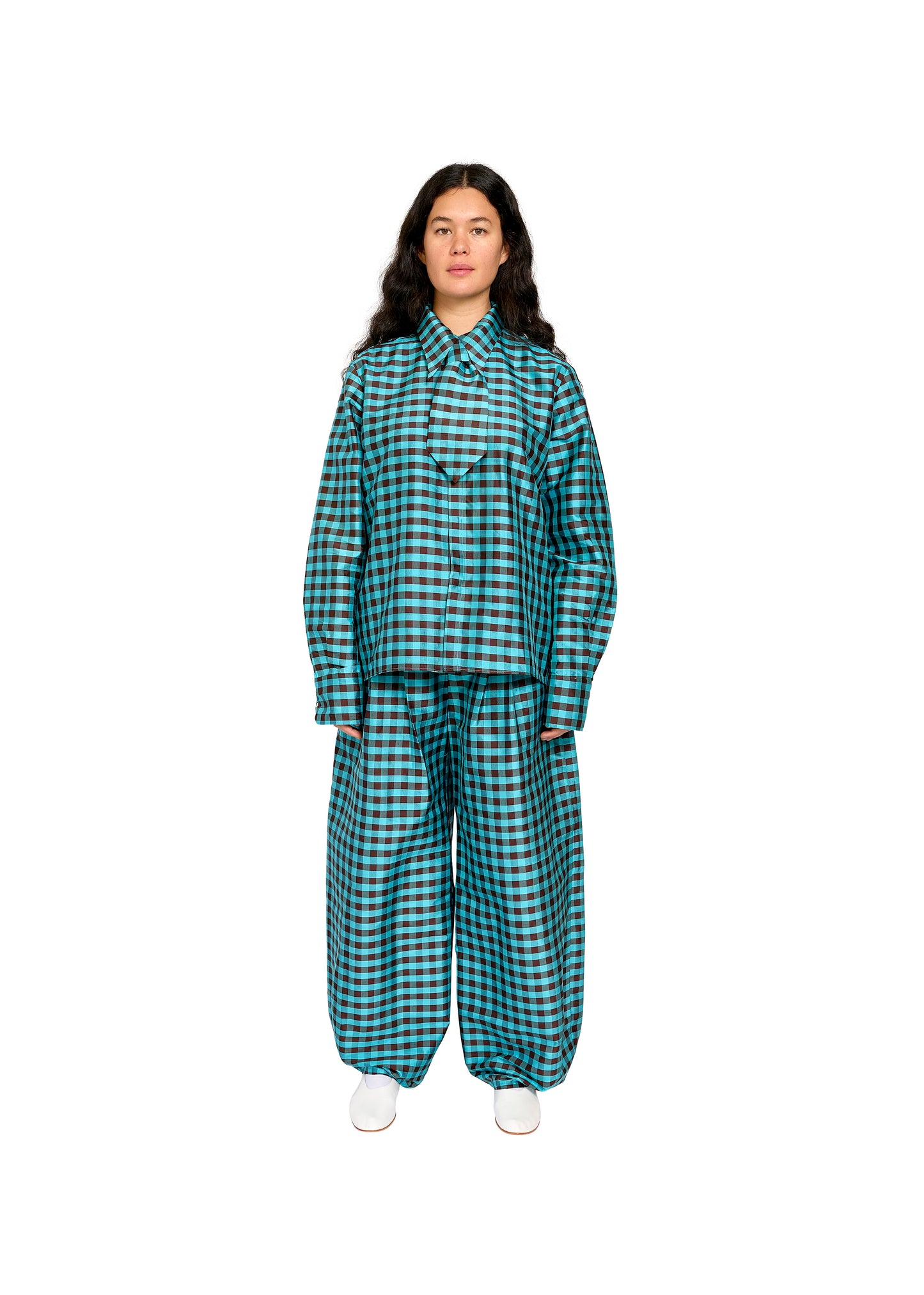 SNAP DOWN SHIRT IN GINGHAM TURQUOISE BROWN