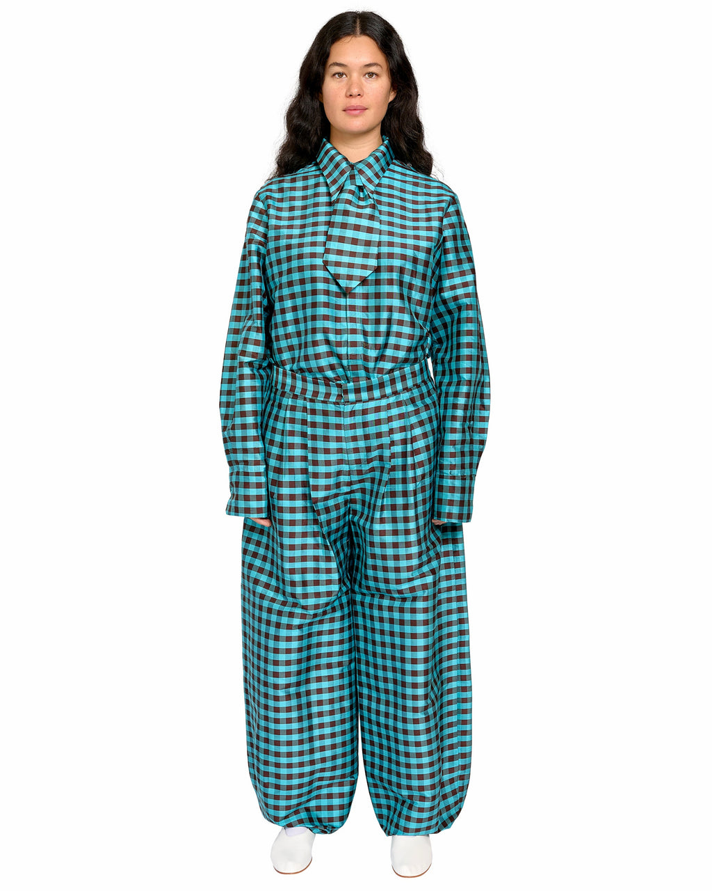 SNAP DOWN SHIRT IN GINGHAM TURQUOISE BROWN