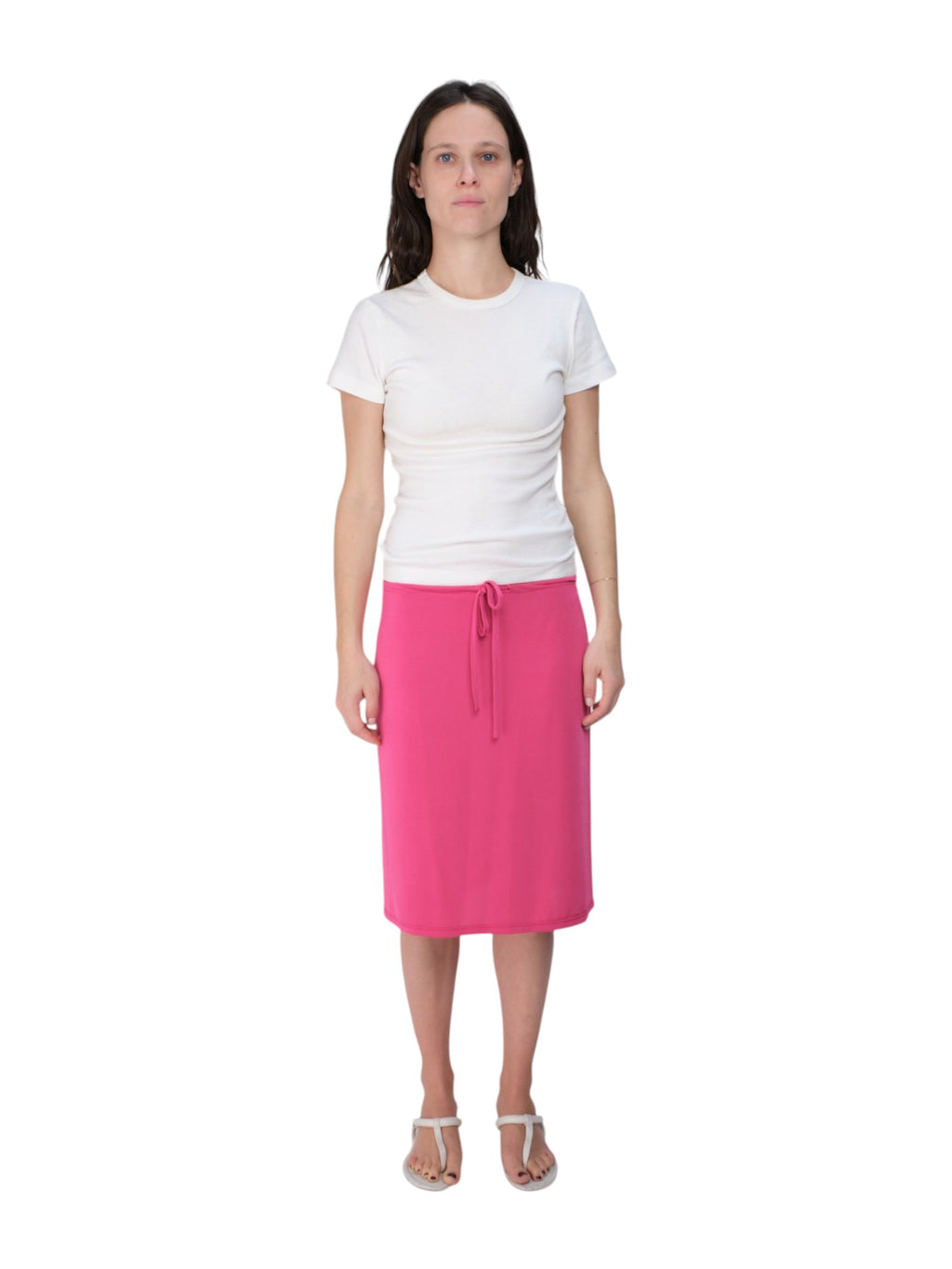 COA NYC | DRAWSTRING MIDI SKIRT IN BUBBLE GUM SPANDEX