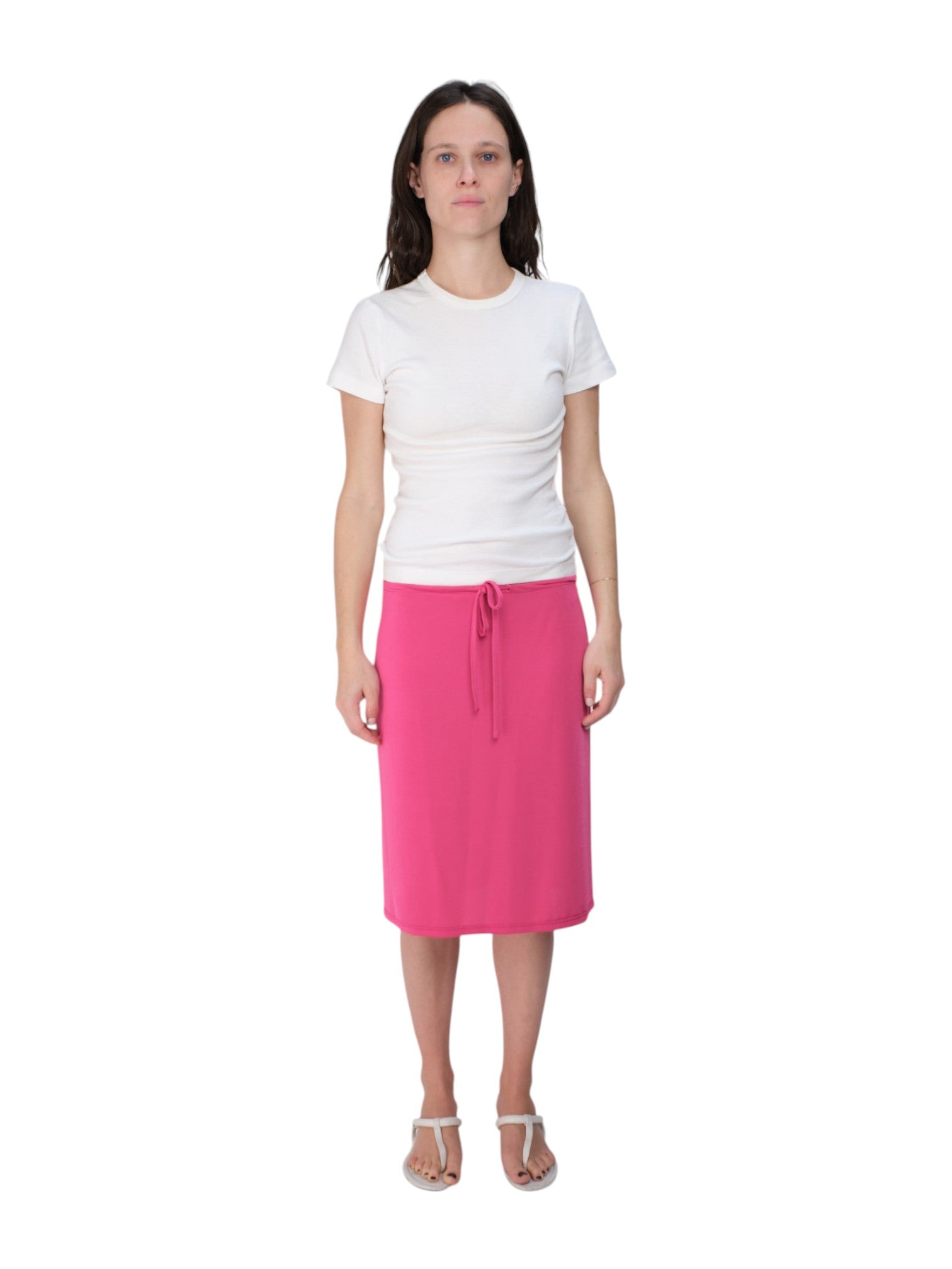 COA NYC | DRAWSTRING MIDI SKIRT IN BUBBLE GUM SPANDEX