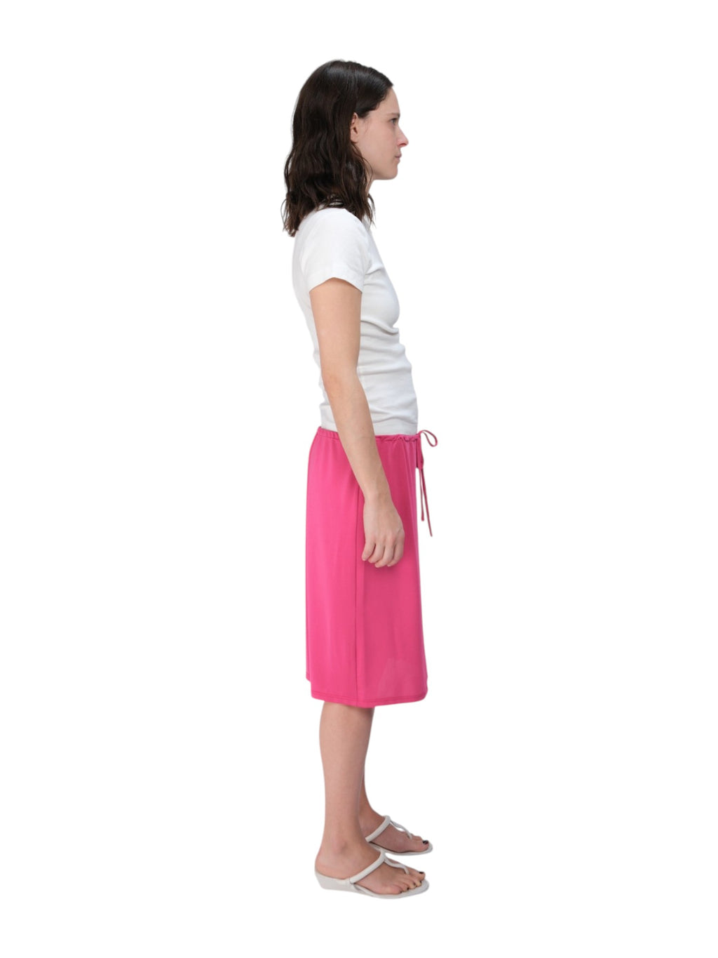 COA NYC | DRAWSTRING MIDI SKIRT IN BUBBLE GUM SPANDEX