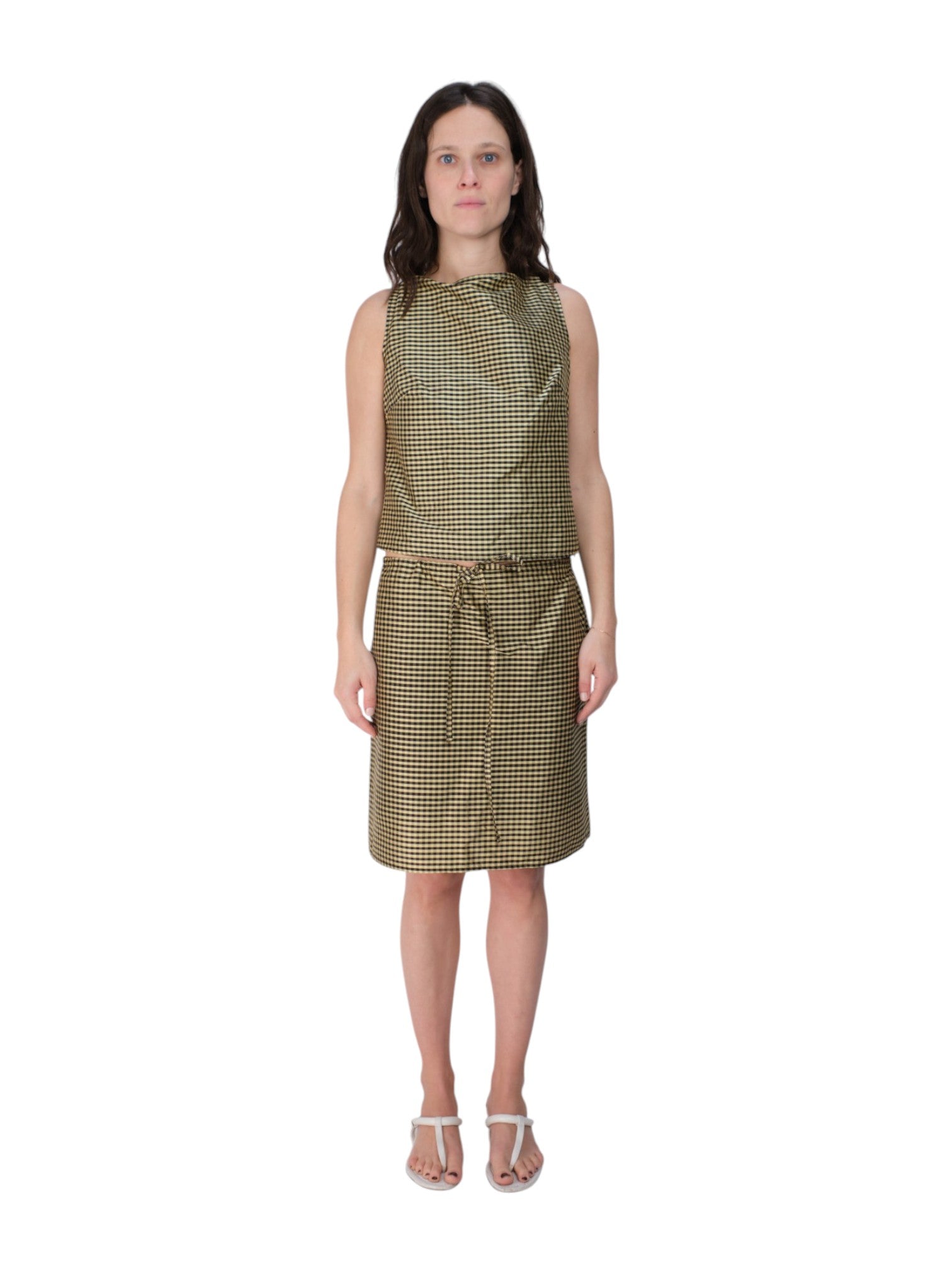 COA NYC | DRAWSTRING MIDI SKIRT IN GINGHAM BLACK TAN 