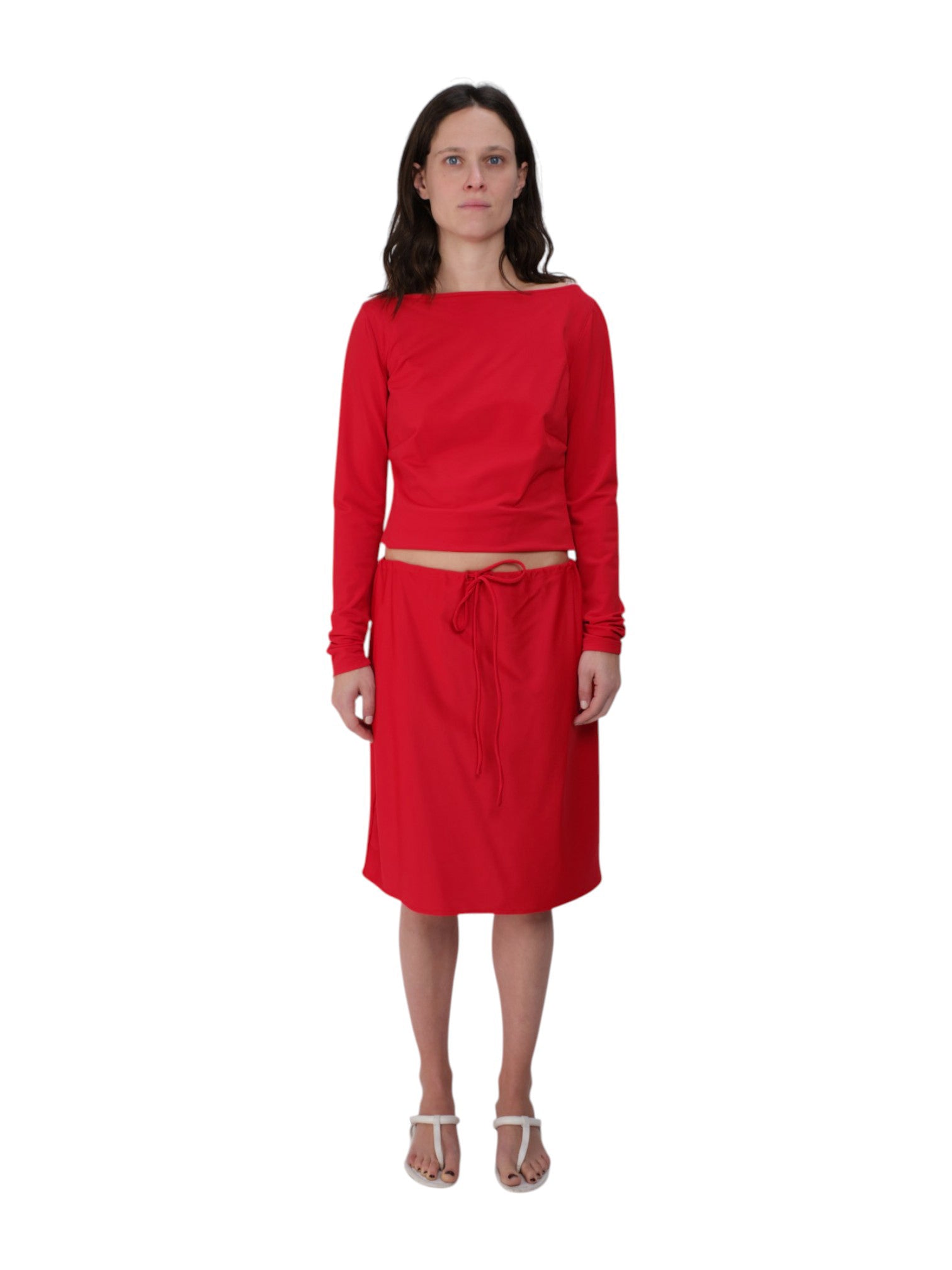 COA NYC | DRAWSTRING MIDI SKIRT IN RED SPANDEX