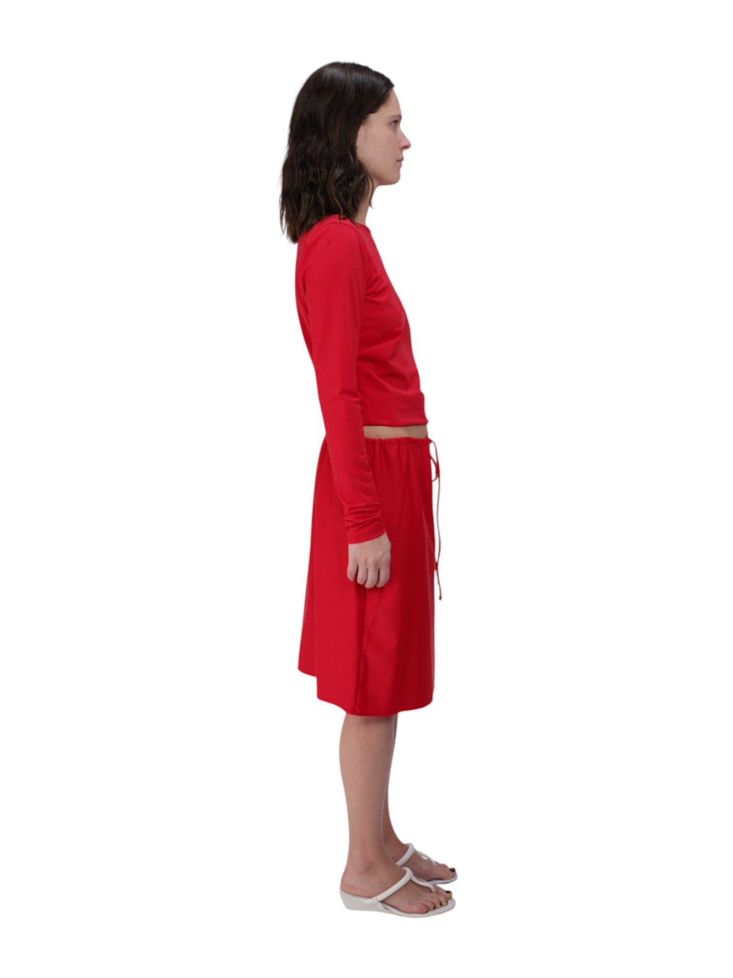 DRAWSTRING MIDI SKIRT IN RED SPANDEX