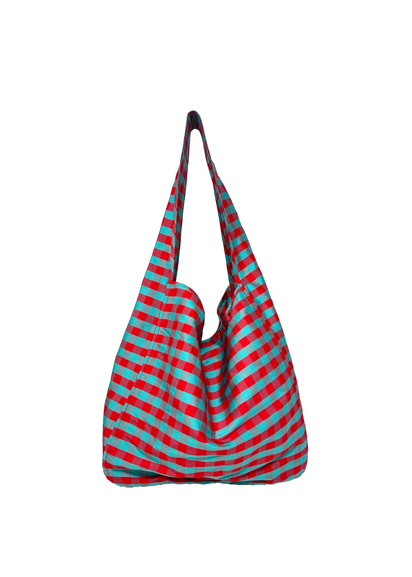 COMPACT TOTE IN GINGHAM RED TURQUOISE
