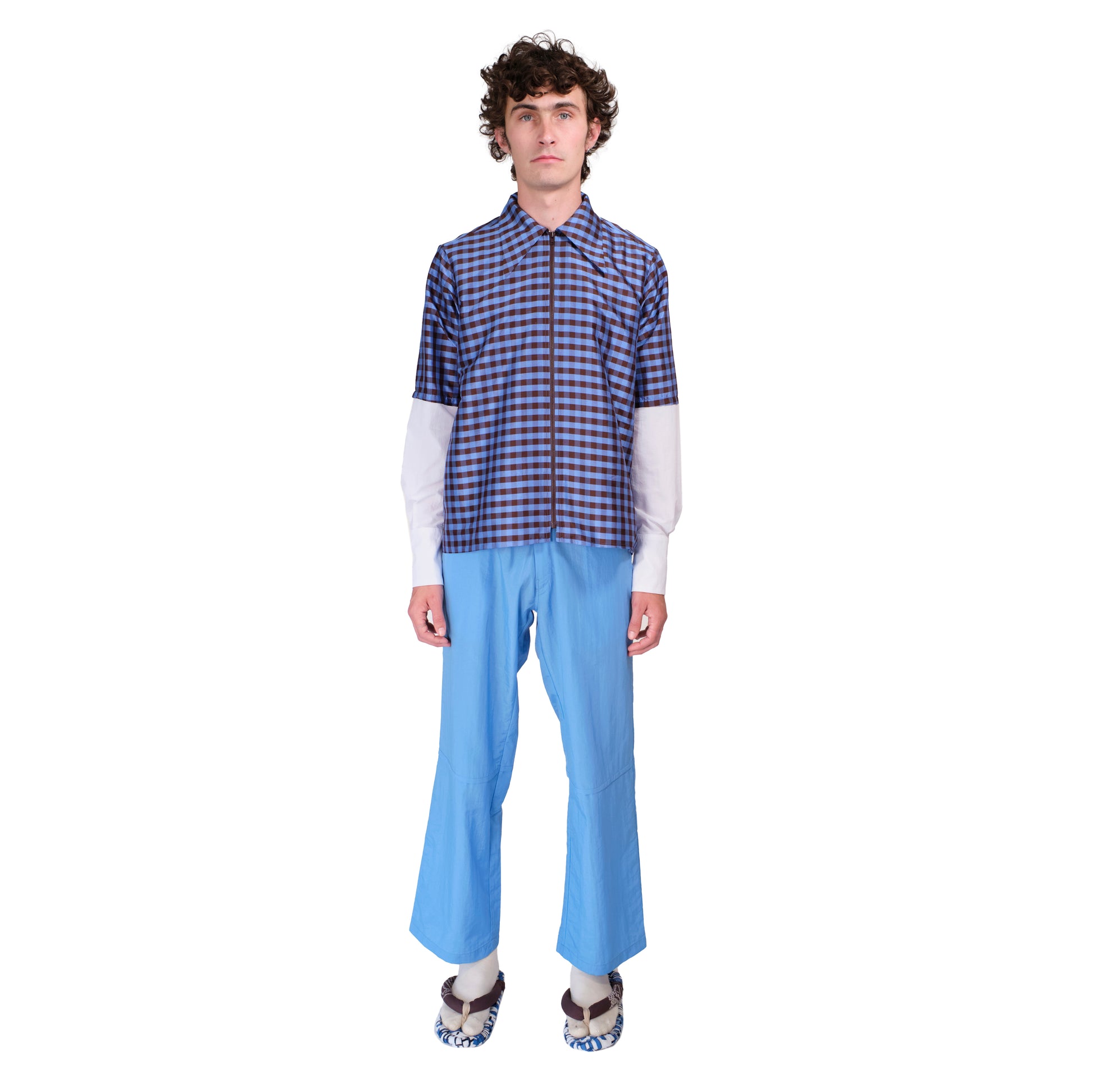 LS Zip Shirt in Gingham Blue Brown
