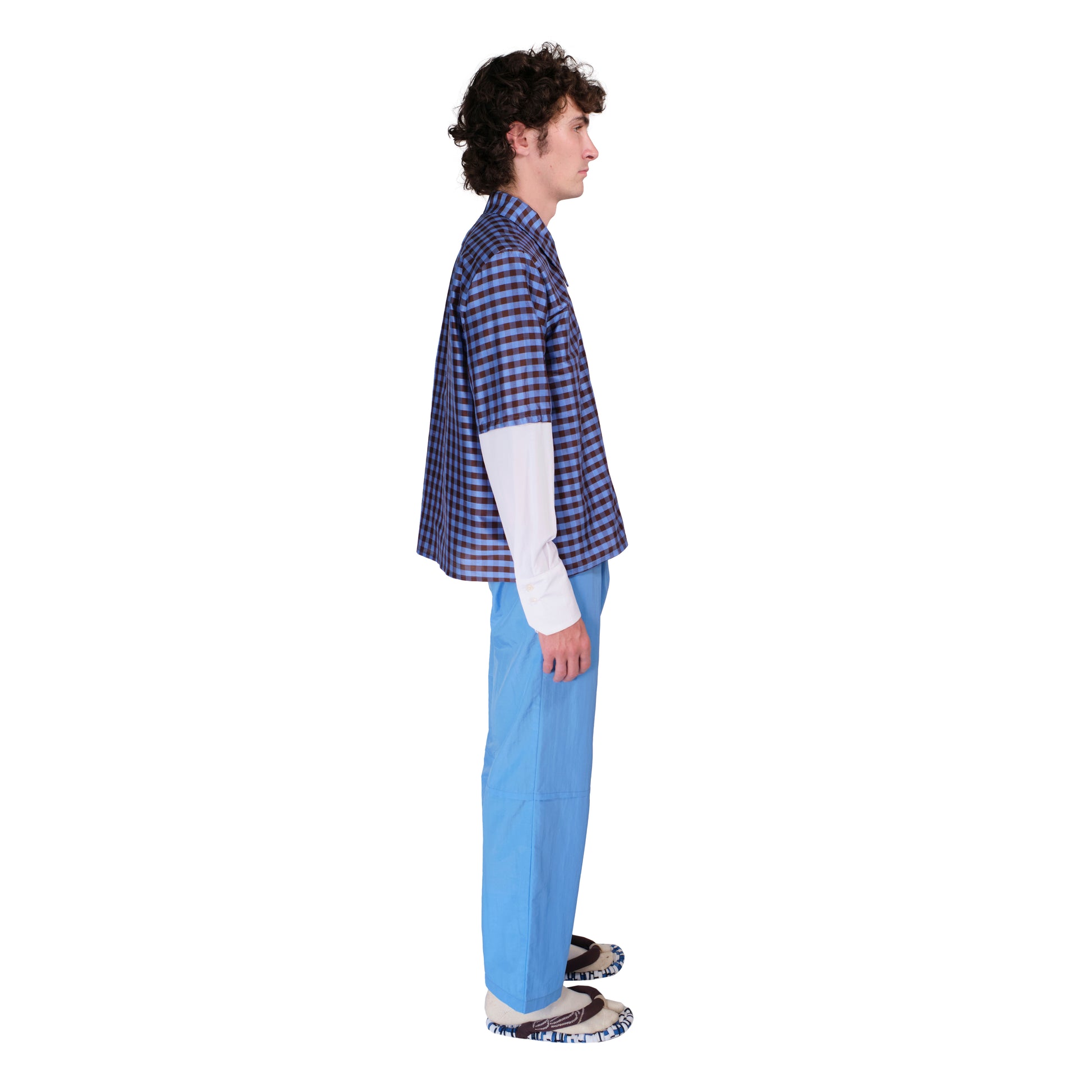 LS Zip Shirt in Gingham Blue Brown