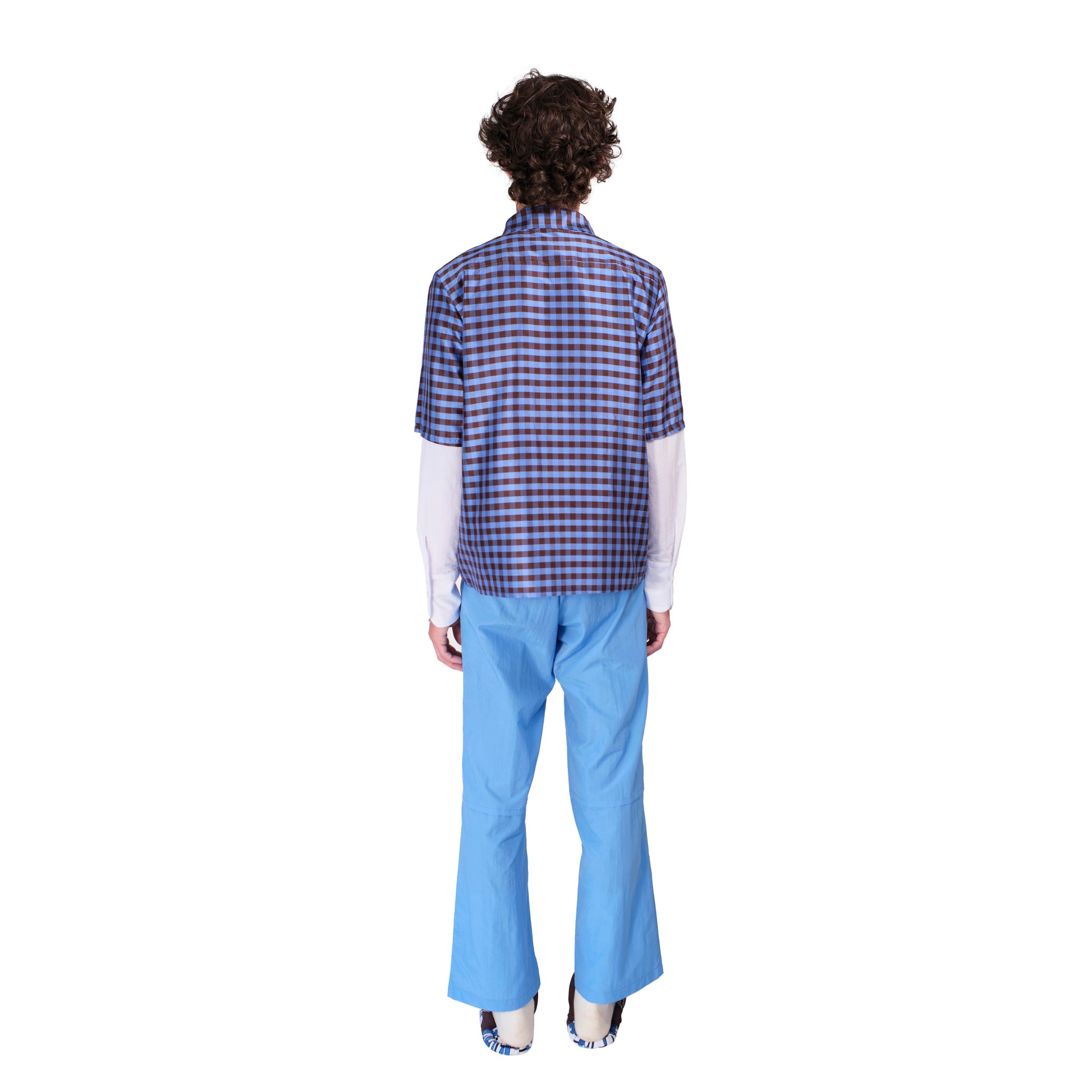 LS Zip Shirt in Gingham Blue Brown
