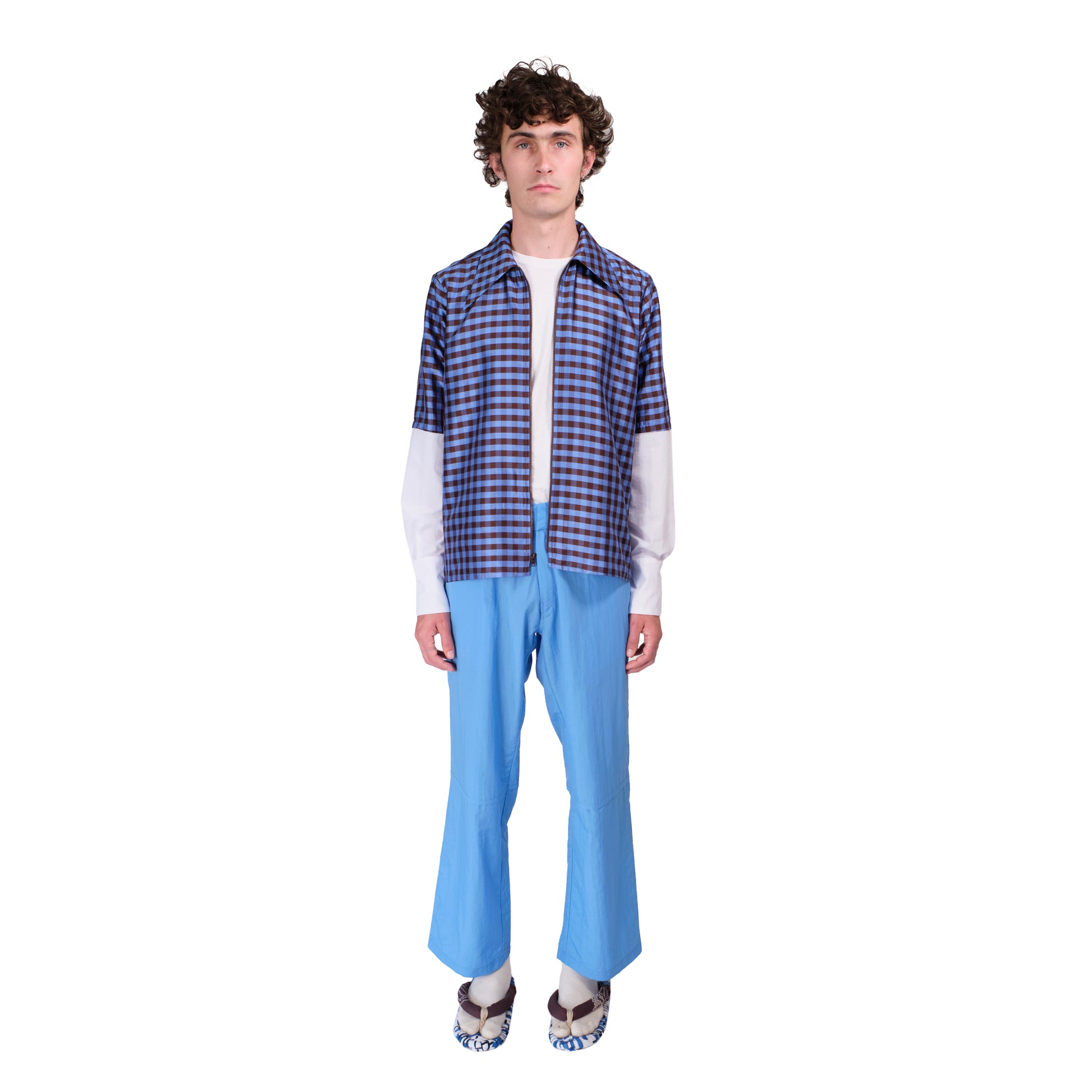 LS Zip Shirt in Gingham Blue Brown