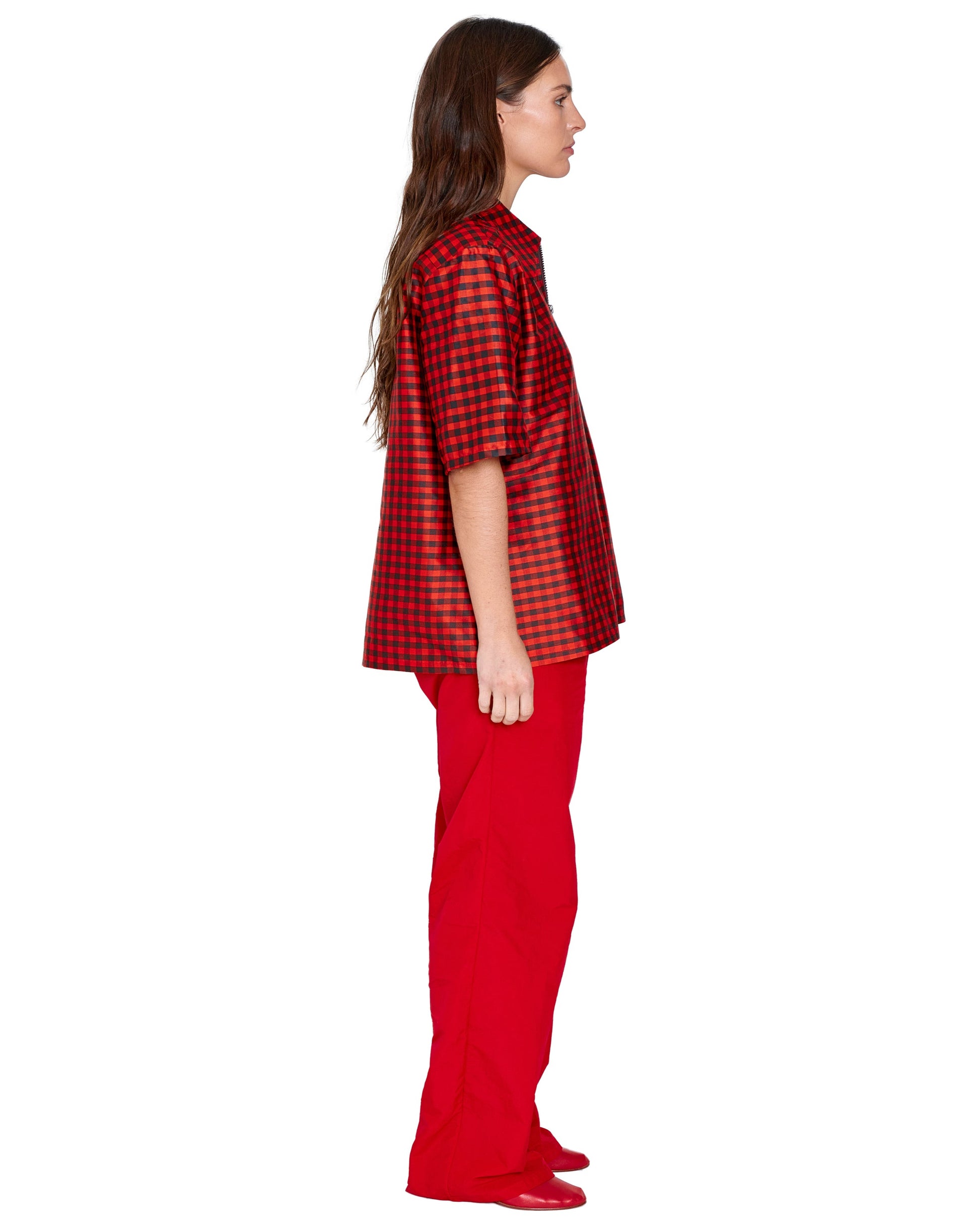 ZIP DOWN SHIRT IN GINGHAM RED BROWN