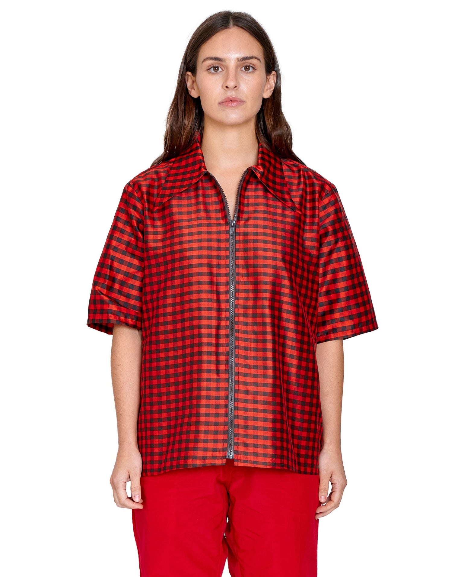 ZIP DOWN SHIRT IN GINGHAM RED BROWN