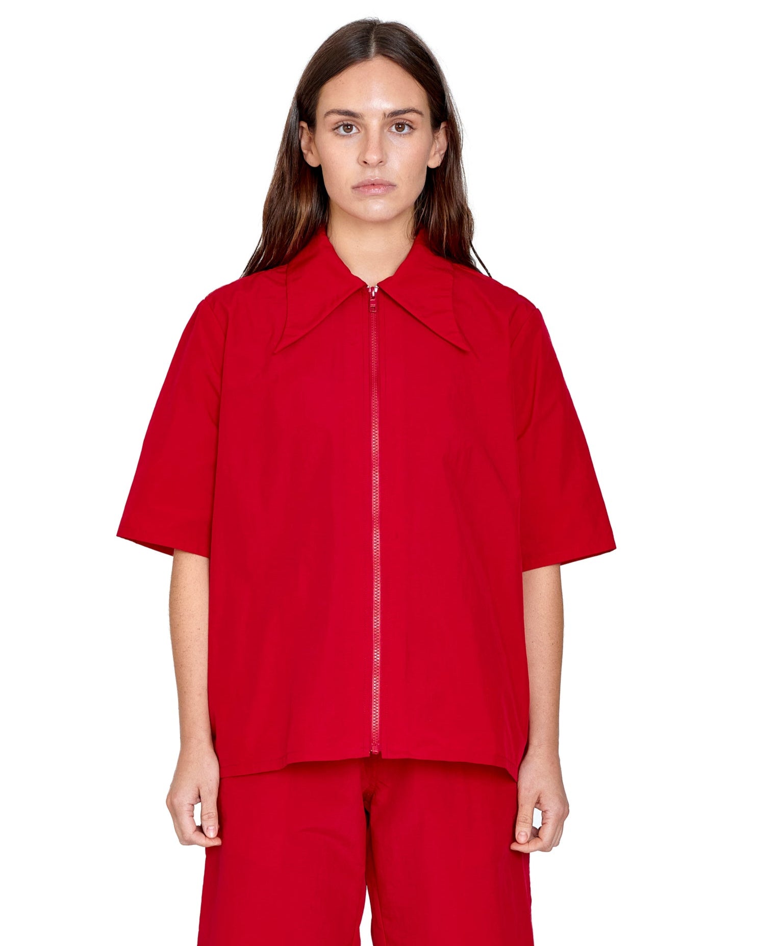 ZIP DOWN SHIRT IN RED NYLON