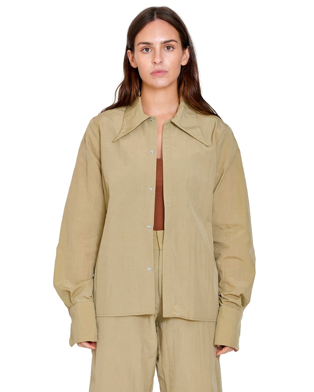 SNAP DOWN SHIRT IN TAN NYLON